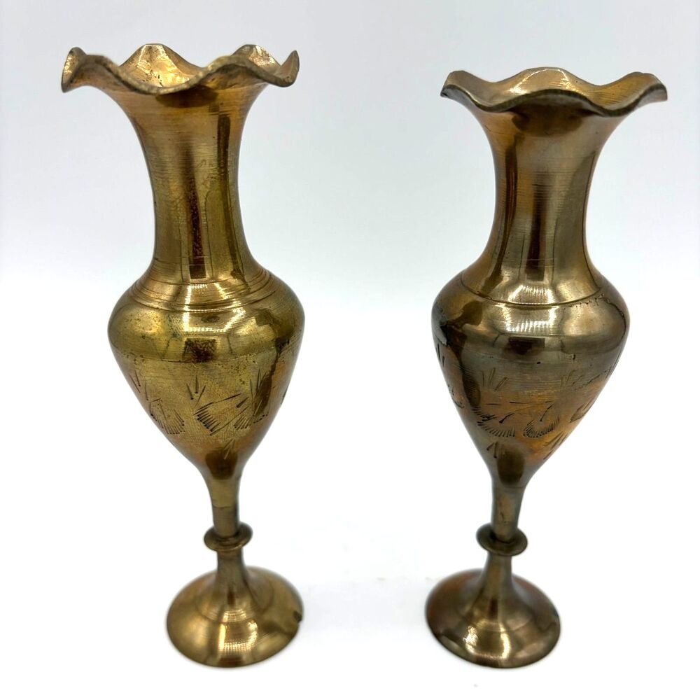 Pair Small Etched Brass Vintage Vases
